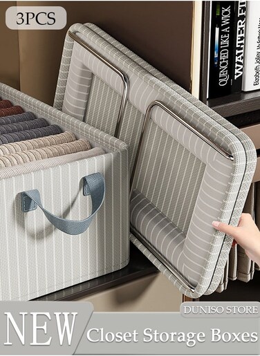 3PCS Wardrobe Clothes Organizer with Portable Handle Steel Frame Support Large Capacity Closet Storage Organizer for Clothes Jeans Washable Closet Storage Boxes Storage Bin for Home Office