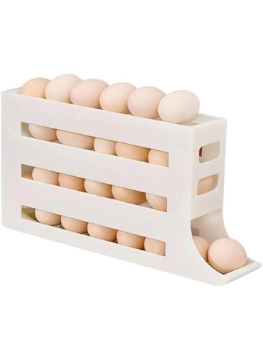 MOREXIMI Four-tier slide egg storage box, 30 egg refrigerator egg holders, large capacity refrigerator egg dispenser, space-saving kitchen countertop storage box (milk white)