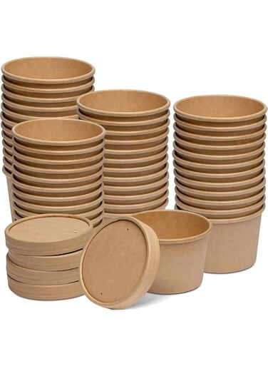 25 PCS 8 Oz Kraft Disposable Soup Bowls With Lid,Ice Cream Cups Containers with Lids, Eco-friendly, Microwave Safe and Freezer Safe Thick Kraft Cups Disposable Containers (8Oz/240ML) - Pack Of 25