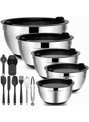 Set of 14 304 Kitchen Baking Stainless Steel Mixing Bowl Salad Bowl Set with Cover, 5 bowls, 14-Piece Kitchenware Set