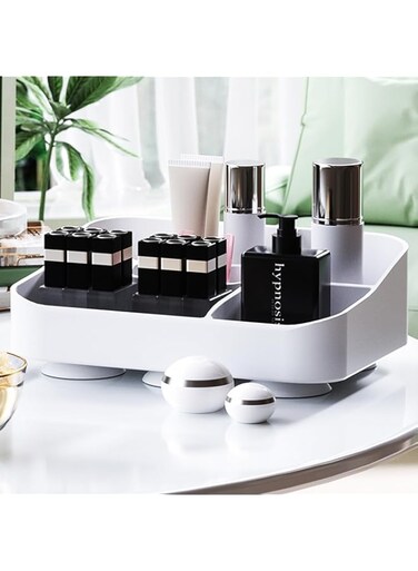 VAODO Silicon Cosmetic Storage Box, with Suction Cup Bottom, Desk Stationery Storage Box with 9 Compartments, Dresser Makeup Organizer, for Bathroom, Bedroom, Office, Living Room, White