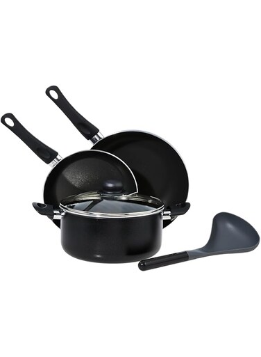 Rossetti&reg; 5 Piece Made in Italy Non-Stick Cookware Set with Non-Stick Casserole Pot + Non-Stick Stir-Fry Wok + Non-Stick Frying Pan + Extra Large Ladle Tool Dishwasher Safe PFOA-free Black Cooking Set