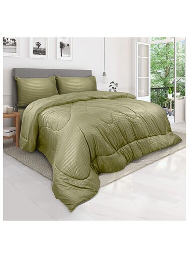 Linen Klub Down Alternative Comforter Set -Ultra Soft Brushed Stripe Microfiber Fabric, 200GSM Soft Fibersheet Filling, Size :Single 160 x 200cm , Color: Olive