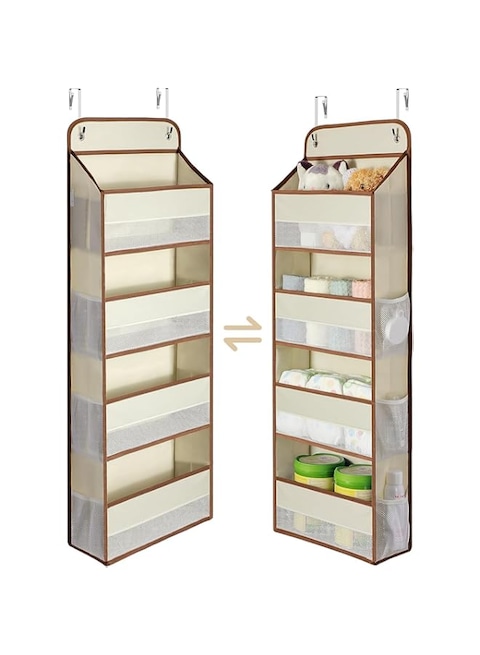 1 Pack Over the Door Storage Organizer, Load Closet Door Organizer Hanging, No Sagging Bathroom Organizer with 4 Bins 6 Side Pockets, Door Storage for Nursery Baby Essentials (4-layer, Beige)