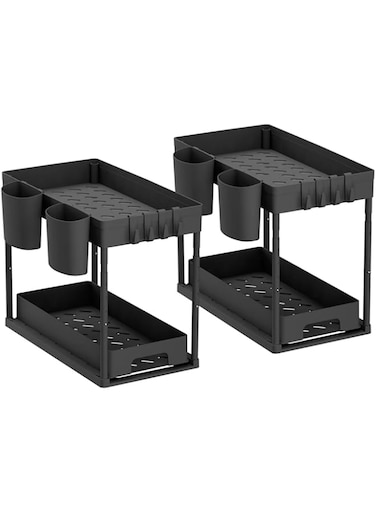 SULUNZEGER Cabinet Storage Organizers for Bathroom, Kitchen Under Sink Organizer with 8 Hooks &amp; 4 Cups, Cupboard &amp; Countertop Shelf Organiser with Pull Out Drawer and Sliding Basket, (2 Pack, Black)