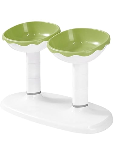 Earrie Elevated Cat Feeding Bowls, Set of 2, Green and White