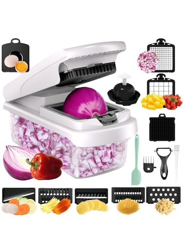 15 in 1 Vegetable Chopper with 7 Stainless Steel Blades, Multifunctional Food Chopper for Dicing/Slicing Carrots, Potatoes, Garlic, Onion Cutter, Includes Egg Separator &amp; Peeler, BPA Free Kitchen Gadget (White)