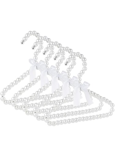 Adorila 5 Pack Pearl Hanger Kids, Small Pearl Beads Bow Clothes Hangers, Elegant Standard Hangers for Children Pet Dog (White)