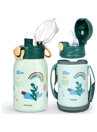 Kids Water Bottle 16oz Insulated Water Flask for Kids, Kids Inuslated Sport Water Bottle With Straw,Two Lids 316 Stainless Steel Water Bottles,Water Bottle Kids with Bottle Cover and Strap(Green)