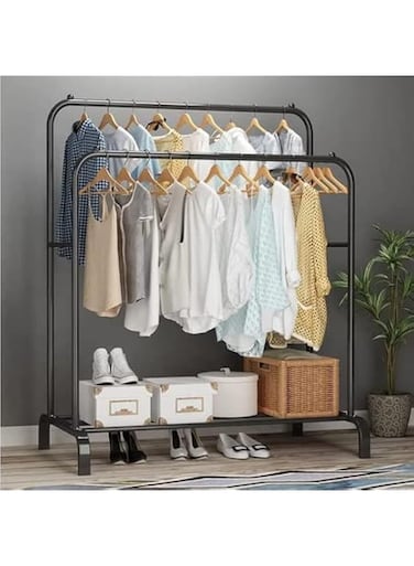 Clothes Rack, Clothing Garment Rack Metal Double Rail Hanging Clothes 2-Tier Storage Shelf for Boxes Shoes Boots Commercial Grade Multi-Purpose Entryway Shelving Unit for Home Office Bedroom (Black)