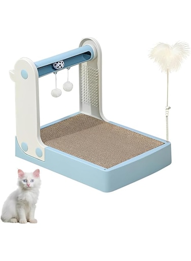 TOMVAES 5 in 1 Cat Scratching Board, Kitten Scratch Ball Toy with Track Bell Ball, Plush Ball, Grooming Board and Feather Toy, Cat Scratch Pad for Indoor, 42.8 * 30.3 * 34.2cm, Blue