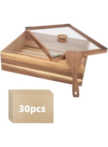 Pizza Dough Proofing Box w/Clear Lid - 16&rdquo; x 12&rdquo; Wooden Dough Proofing Container Bread Dough Rising Box, Transparent Acrylic Lid Box for Pizza Dough Storage With Wooden Shovel, 30PCS Parchment Paper