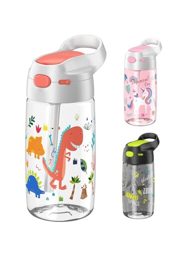 Jeko &amp; Jeko Kid's 450ml Tritan Water Bottle Ideal for Preschool to Elementary   Spill-Proof   BPA-Free, Straw Cover (Dinosaur, Dino Expedition, Adventure)