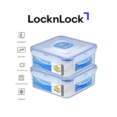 LocknLock Classic Airtight Squared Containers 870ml Set of 2 - BPA-Free, Microwave &amp; Freezer Safe