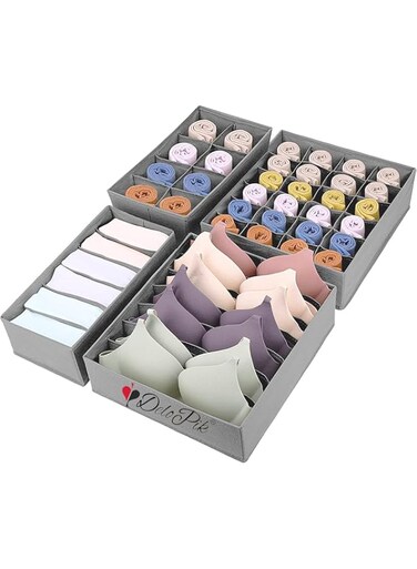 Delopik 4 pcs Drawer Organizer Wardrobe Clothes Storage Box Foldable Non-Woven Drawer Closet Fabric for Underwear Panties Boxers Scarfs Socks Belts Bras Ties Shorts Bags Set -FR-134 (GRAY)