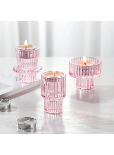 Glass Candle Holders, Set of 3 Ribbed Glass Candlesticks, Vintage Crystal Tealight Taper Candle Container Stand for Christmas Decorations Table Centerpieces Festival, Wedding Dinner Party (Pink)