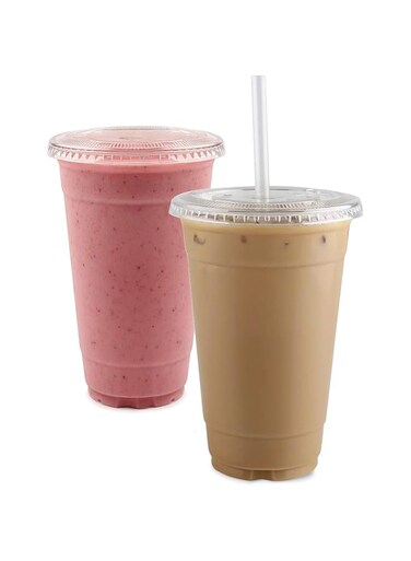 Vsell24 Disposable Clear Plastic Cups with Lids, 16oz/473ml, Pack of 200, for Smoothies, Coffee, Water, Juice (Flat Lid)