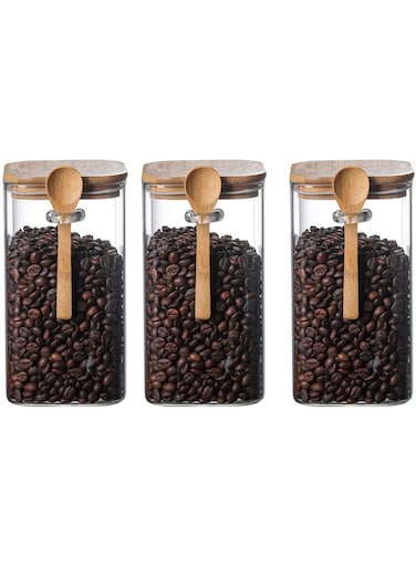 Glass Storage Jar with Bamboo Lids and bamboo Spoon,Set of 3 Airtight Food Jars Kitchen Food Storage Containers with Scoop For Serving Tea, Coffee, Flour, Sugar, Candy, Cookie, Spice (1200ml)