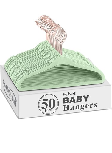 Dot Gift 50-Pack Light Green Color Baby Velvet Hangers 11Inch - Nursery Clothes Hangers Non Slip Toddler Hangers, 360 Chrome Rose-Gold Hook.
