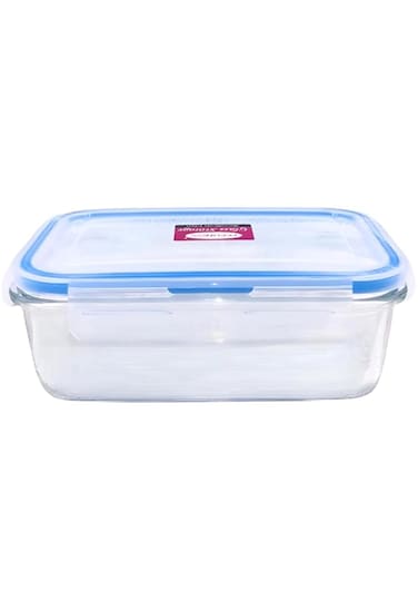 Feelings Airtight Square Glass Storage Container (Blue, 600 ML)