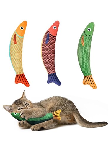 3 PCS Cat Toys Fish Catnip Kitten Toys, Cat Chew Toys Rustling Sound for Cats Boredom Relief Teeth Cleaning, Interactive Cat Exercise Soft Pet Toy with Silver Vine Catnip