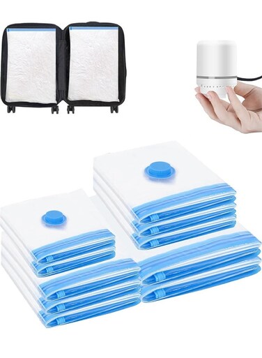 Vacuum Storage Bags Space Saver Pack of 10 (2 Jumbo/3 Large/3 Medium/2 Small) Reusable Compression Bag with Electric Pump for Packing Clothes Blankets Curtains Duvet Pillows Travel (Blue)