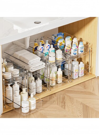 4 Pack Bathroom Organizer, 2 Tier Clear Under Sink Organizers Vanity Countertop Storage Container,Cabinet Drawers Bins, Pull-Out Organization with Track