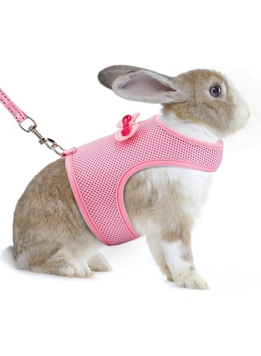 Bunny Harness and Leash Set, Soft Breathable Mesh Vest Harness with Cute Bow for Rabbits Kitten Ferret Small Pig Puppy Walking Supplies (Pink, S)