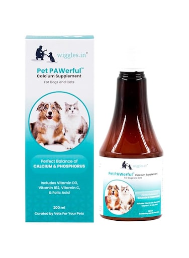 WIGGLES Pet PAWerful Calcium Phosphorus Syrup Supplement Dogs Cats, 200ml - Essential Multivitamins Bone, Digestion, Skin Coat Care Supplement for Pets