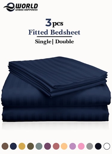 3 Piece Luxury Navy Blue Striped Bed Sheet Set with 1 Deep Pocket Fitted Sheet and 2 Pillowcases for Hotel and Home Crafted from Ultra Soft and Breathable Microfiber for Year-Round Comfort, (Single/Double)