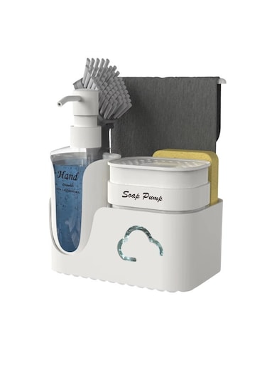 5-in-1 Hand and Dish Soap Dispenser Set with Sponge Holder, Brush Caddy &amp; Towel Rack, Dish Soap Pump Set with Hand Soap Dispenser, Kitchen Sink Organizer, All in One Sink Caddy (White)