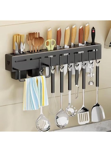 HomeGenic Kitchen Knife Rack, Spoon Knife Organizer, Heavy Duty Iron Material Knife Holder, Utensils Organizer, Wall Mounted Spoon Organizer, Kitchen Cutlery Organizer with towel rack and 8 hooks.