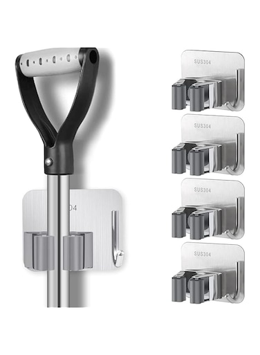 Joyzzz Mop Broom Holder, 4 Pcs Stainless Steel Mop and Broom Holder Wall Mount, Self Adhesive No-Drilling Mop Holder Wall Mounted, Heavy Duty Hook Hanger for Home, Kitchen, Garden, Bathroom