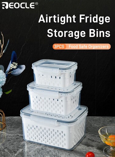 3pcs Leak Proof Refrigerator Storage Bins Set Airtight Stackable Meal Prep Containers for Fruits Vegetables Meat Grains Food Safe Fridge Organizers with Secure Lids
