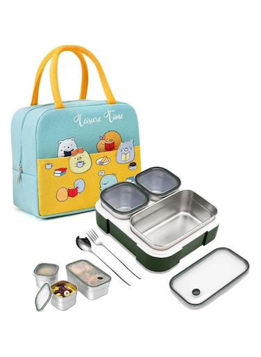 Stainless Steel Lunch Box for Kids School,Bento Lunch Box with Tableware &amp; Bag,3 Compartment Divided Lunch Containers with Lids, 720ml