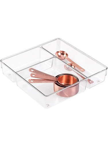 iDesign 53530ES Plastic Linus 3 - Compartment Drawer Organizer for Kitchen - 23 x 23 x 5.5 cm, Clear