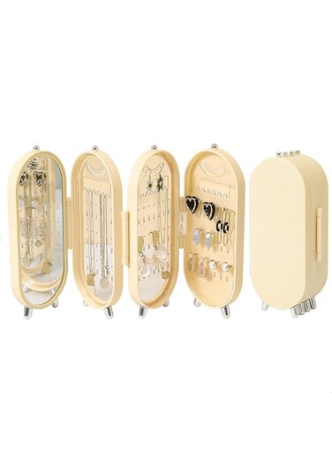 Tazweeq Foldable Earring Holder Jewelry Organizer Box with Mirror, 4 Tier Dustproof Earring and Necklace Display Stand Jewellery Box for Women and Girls