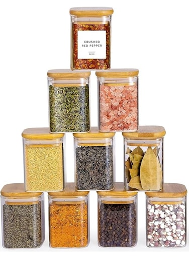 Glass Jars Set 210ml, Food Cereal Storage Spice Containers for Home Kitchen, Food Storage Jars With Labels, Marker and Spoons, Square 6 * 8cm 10 Pieces With Wood Lid.