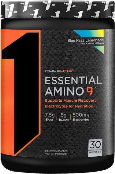 Rule1 1 Essential Amino 9, Blue Razz Lemonade, Supports Muscle Recovery And Electrolytes For Hydration, Dietary Supplement, 30 Servings, 345G