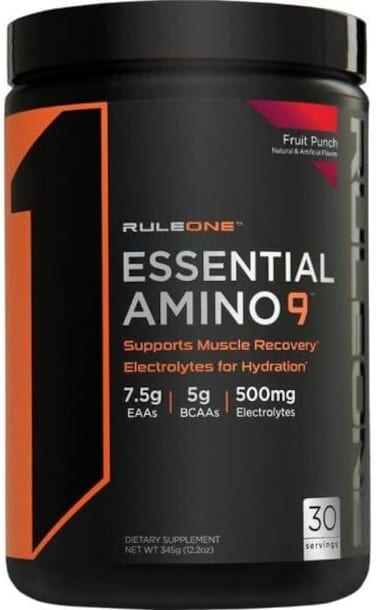 Rule1 1 Essential Amino 9, Fruit Punch, Supports Muscle Recovery And Electrolytes For Hydration, Dietary Supplement, 30 Servings, 345G