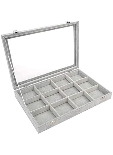 SKEIDO Jewelry Tray, Multi-Functional Jewelry Organizer with Lid &amp; Lock for Ring, Earring, Stud, Necklace, Bracelet, Watch, Soft ice Velvet Jewelry Showcase Display Tray (12 Grid)