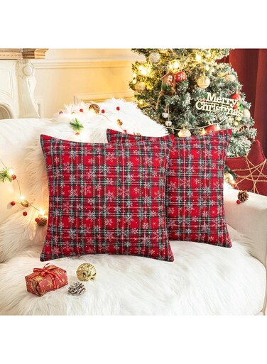 Pack of 2 Christmas Plaid Decorative Throw Pillow Covers Snowflake Tartan Scottish Cushion Cover for Sofa Couch Farmhouse Holiday Decor Red and Green, 18x18 Inch