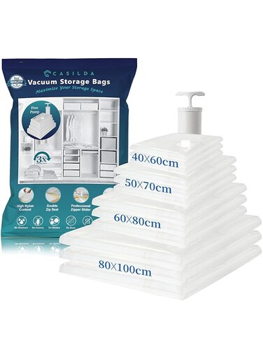 Casilda Space Saver Vacuum Storage Bags with Hand Pump, Vacuum bag Reusable for 80% more Space for Packing Clothes, Blankets, Pillows, Bedding and Travel (2S X 2M X 2L) &ndash; Set of 6 (Set A)