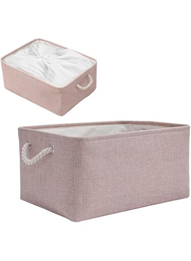 Baoly Closet Storage Basket, Collapsible Fabric Storage Basket with Drawstring Closure, Linen Storage Basket with Rope Handle for Organizing Bookshelves, Closets, Clothes and Toys (pink)