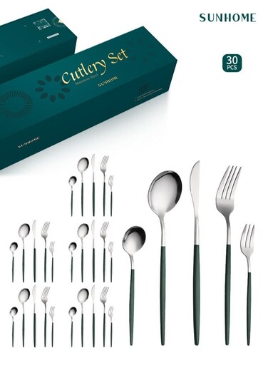 30-Piece Stainless Steel Cutlery Set Kitchen Utensil Set Western Tableware Suitable For Home Kitchen Restaurant Hotel Party Dining Picnic Dining Exquisite Packaging Gift Green/Silver