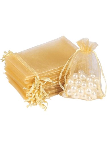 HRX Package 100pcs Gold Organza Gift Bags, 4 x 6 inch Candy Mesh Drawstring Favor Bags Jewelry Pouches for Christmas Wedding Party