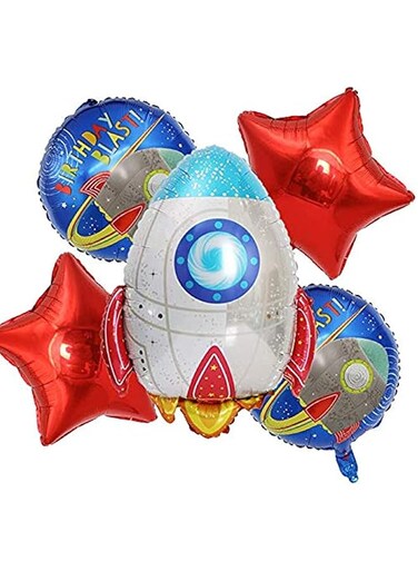 PARTY TIME - 5Pcs. Rocket Spaceship Reusable Helium Balloons with Red Stars for Birthday Party Decoration Kids Gift