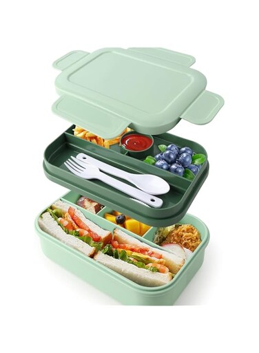 Bento Box Adult Lunch Box, 2000 Ml Double Layer Lunch Box Containers, For Adults, with 4+4 Compartments, Bento Lunch Box for Kids with Utensils, Leak-Proof, Microwave/Dishwasher/Freezer Safe - Green