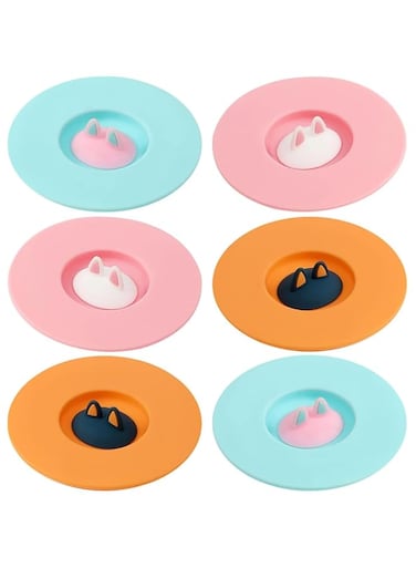 Tazweeq 6 Pcs Cat Ears Silicone Cup Lids, Creative Anti-Dust, Airtight Seals for Hot &amp; Cold Beverages (Coffee, Tea), BPA-Free, Dishwasher Safe, Universal Fit for Most Cups, Cute Cartoon Design for Kid
