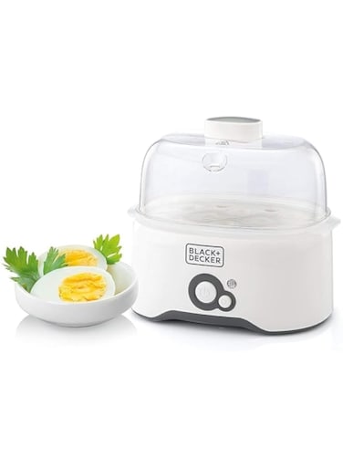 Black &amp; Decker 280w 6 piece egg cooker with cooking rack and 2 poaching pan dry boil auto shutoff protection transparent cover white body, for perfect eggs eg200-b5 years warranty